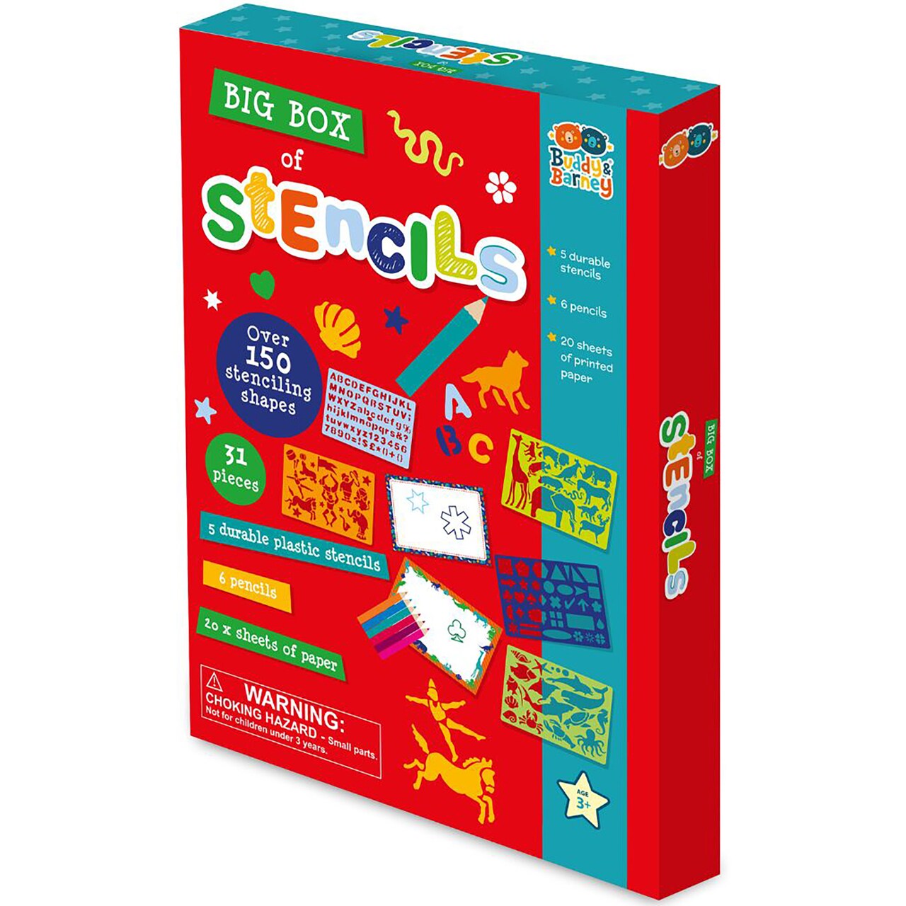 Buddy & Barney: Big Box Of Stencils - 31pc Coloring Art & Craft Kit, 150+ Stencil Designs, Animals-Letters-Numbers, Paper & Colored Pencils, Kids 3+